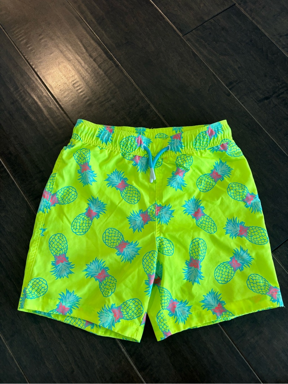 Bright Pineapple Kids Swim Trunks - Neon Yellow with Blue & Pink Print